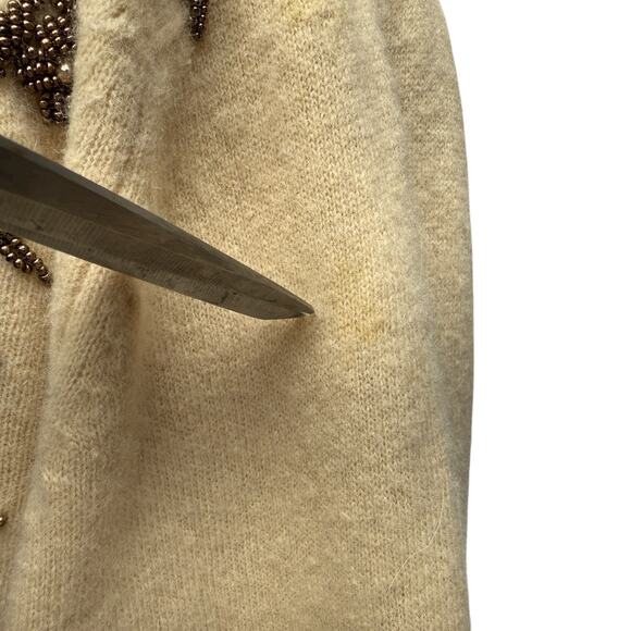 Cardigan Sweater Vintage 1950s Crewneck Cream Women Size S/M Floral Beadwork - Picture 12 of 16